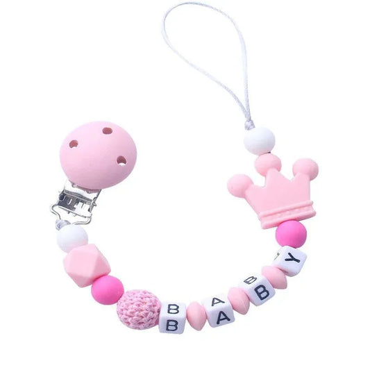 Pink Silicone Personalised Name Baby Pacifier Clips Crochet Beads Silicone Crown Pacifier Chain Holder For Kids and Baby Pacifier - BIG FRENCHIES