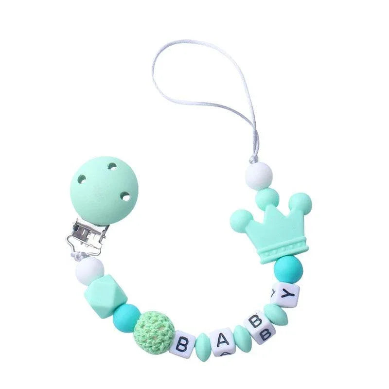 Pink Silicone Personalised Name Baby Pacifier Clips Crochet Beads Silicone Crown Pacifier Chain Holder For Kids and Baby Pacifier - BIG FRENCHIES