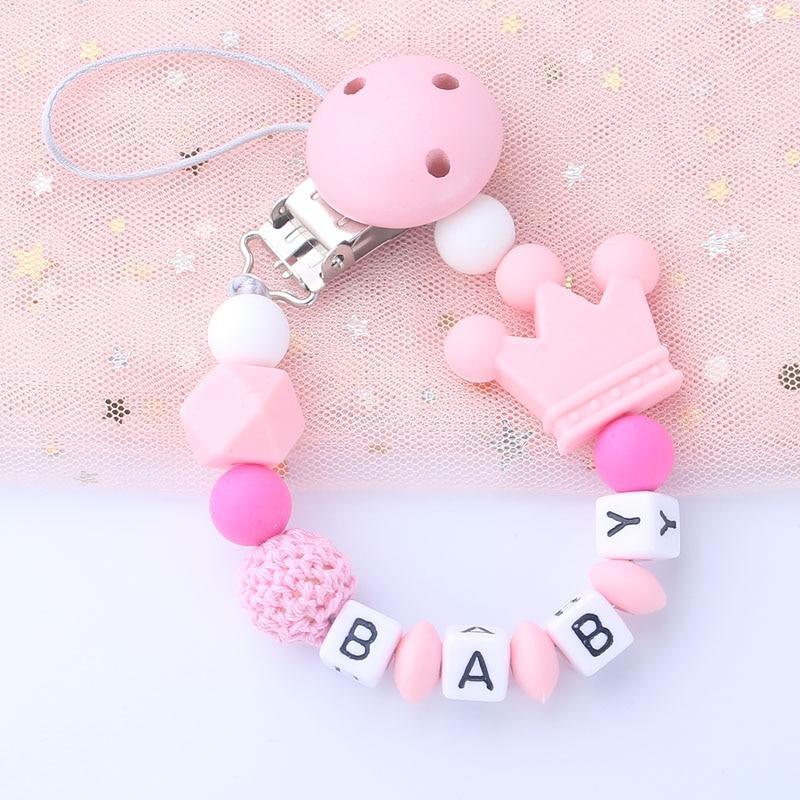 Pink Silicone Personalised Name Baby Pacifier Clips Crochet Beads Silicone Crown Pacifier Chain Holder For Kids and Baby Pacifier - BIG FRENCHIES