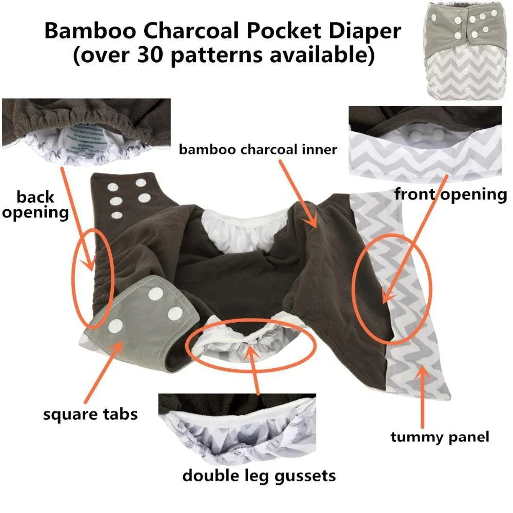 Luxury Charcoal Bamboo Baby Cloth Diaper Nappy Washable Reusable Double Gusset Square Tabs Nappies for Baby and Kids - BIG FRENCHIES