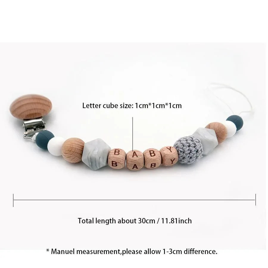 Handmade Personalized Name Silicone Wood Pacifier Clips Safe Teething Chain Baby Teether Clips Holder For Pacifier For Kids - BIG FRENCHIES