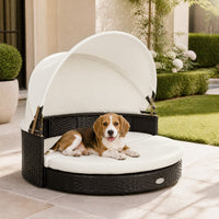 Wicker Dog House with Retractable Canopy & Removable Cushion for Small Medium Dogs-White
