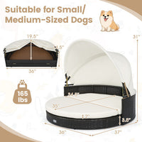 Wicker Dog House with Retractable Canopy & Removable Cushion for Small Medium Dogs-White