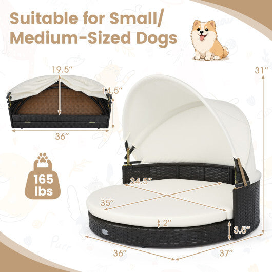 Wicker Dog House with Retractable Canopy & Removable Cushion for Small Medium Dogs-White