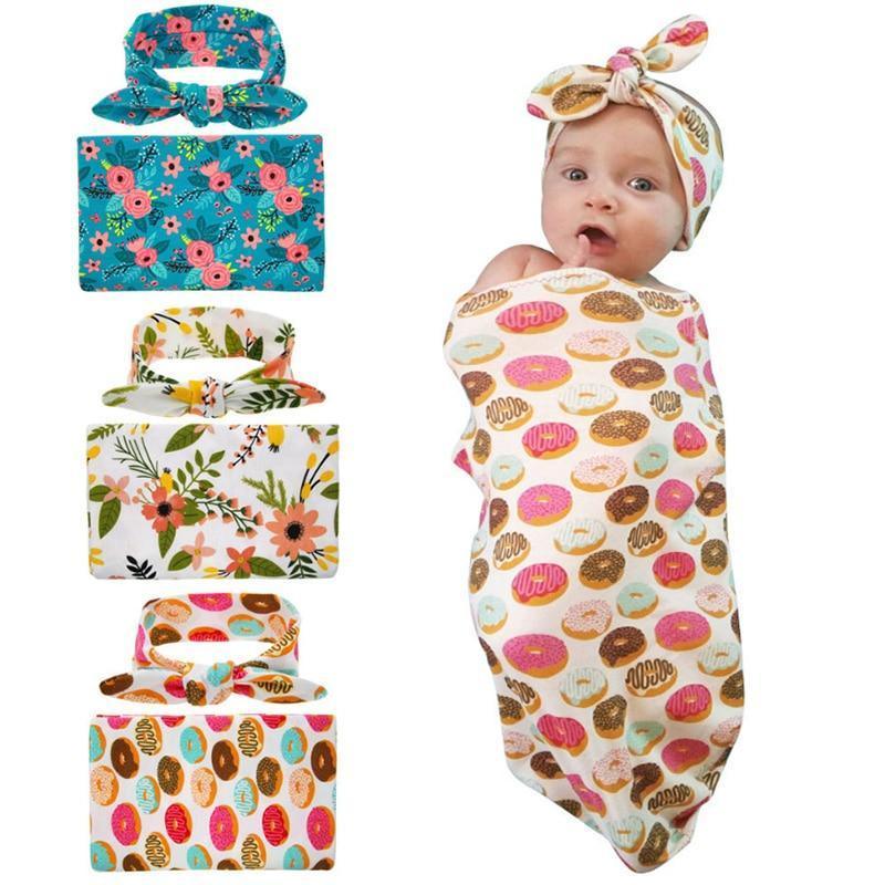 Swaddle Blanket Set Receiving Wrap Props Newborn Infant Boy Girl Headwear Flower Print Romper With Bow - BIG FRENCHIES