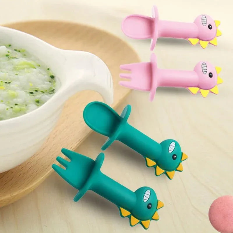 New Baby Feeding Spoon Fork Set Short Easy Cartoon Dinosaur Soft Silicone Teether Toys Non-hurt Training Tableware - BIG FRENCHIES