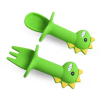 New Baby Feeding Spoon Fork Set Short Easy Cartoon Dinosaur Soft Silicone Teether Toys Non-hurt Training Tableware - BIG FRENCHIES