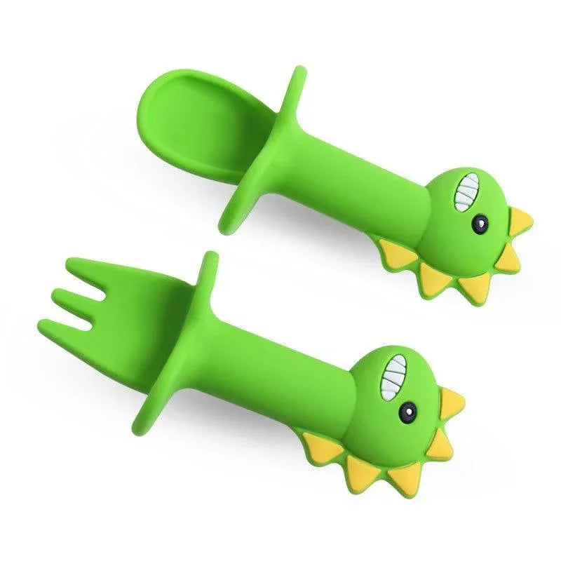 New Baby Feeding Spoon Fork Set Short Easy Cartoon Dinosaur Soft Silicone Teether Toys Non-hurt Training Tableware - BIG FRENCHIES