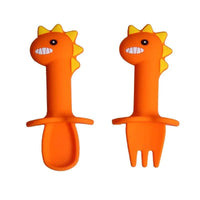 New Baby Feeding Spoon Fork Set Short Easy Cartoon Dinosaur Soft Silicone Teether Toys Non-hurt Training Tableware - BIG FRENCHIES