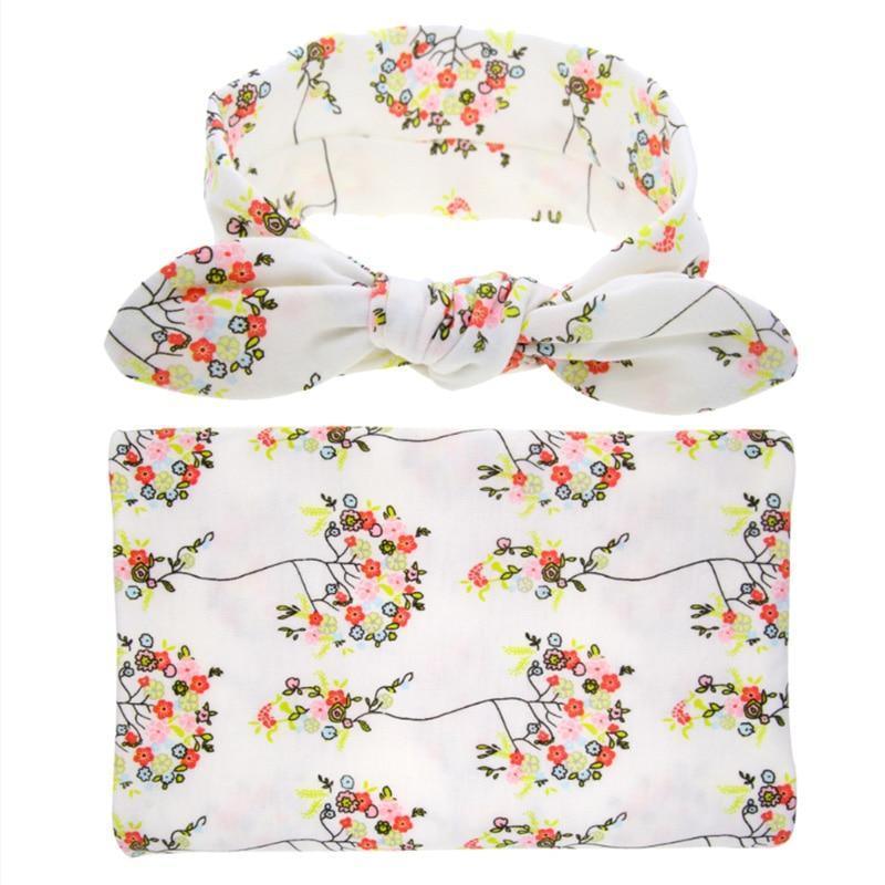 Elegant Colorful Baby Swaddle Wrap Newborn Infant Receiving Blanket Headwear Flower Print Towels With Bow - BIG FRENCHIES