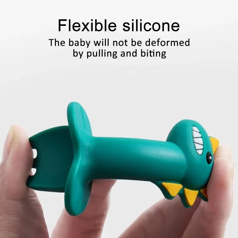 New Baby Feeding Spoon Fork Set Short Easy Cartoon Dinosaur Soft Silicone Teether Toys Non-hurt Training Tableware - BIG FRENCHIES