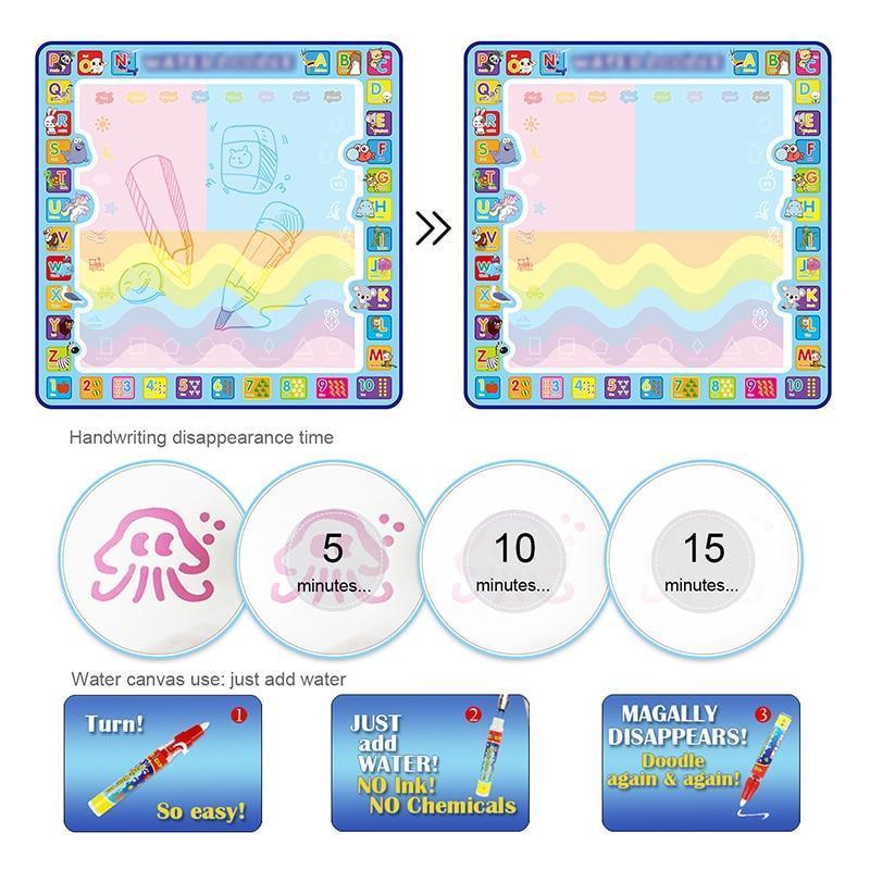 Coolplay 100x100cm Magic Water Drawing Mat Doodle Mat & 4 Drawing Pens & 1 Stamps Set Painting Board Educational Toys for Kids - BIG FRENCHIES
