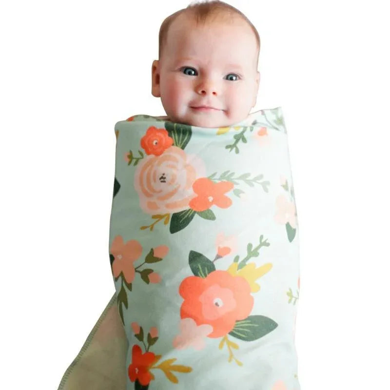 Elegant Colorful Baby Swaddle Wrap Newborn Infant Receiving Blanket Headwear Flower Print Towels With Bow - BIG FRENCHIES