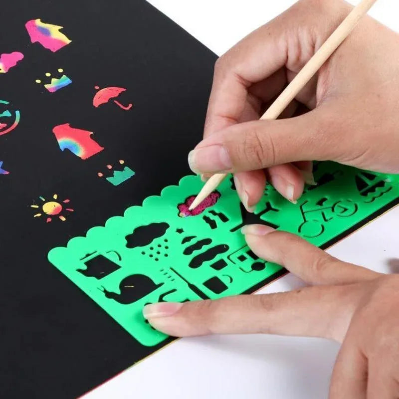 Magic Rainbow Color Scratch Art Paper Card Set With Graffiti Stencil Drawing Board Stick Art Painting Educational Toys - BIG FRENCHIES