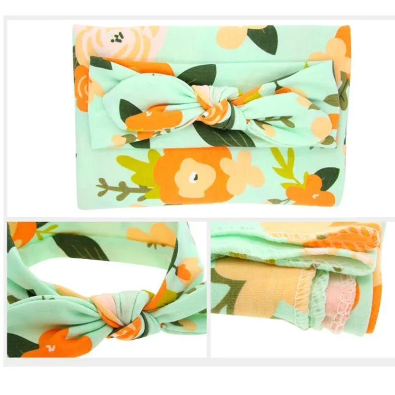 Elegant Colorful Baby Swaddle Wrap Newborn Infant Receiving Blanket Headwear Flower Print Towels With Bow - BIG FRENCHIES