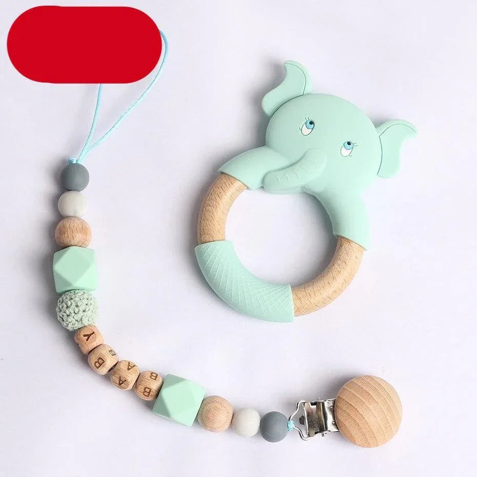 Modern Luxury Pacifier Clip Chain Beech Beads Silicone Elephant Pendant Baby Teething Nursing Clips Chain For Baby - BIG FRENCHIES