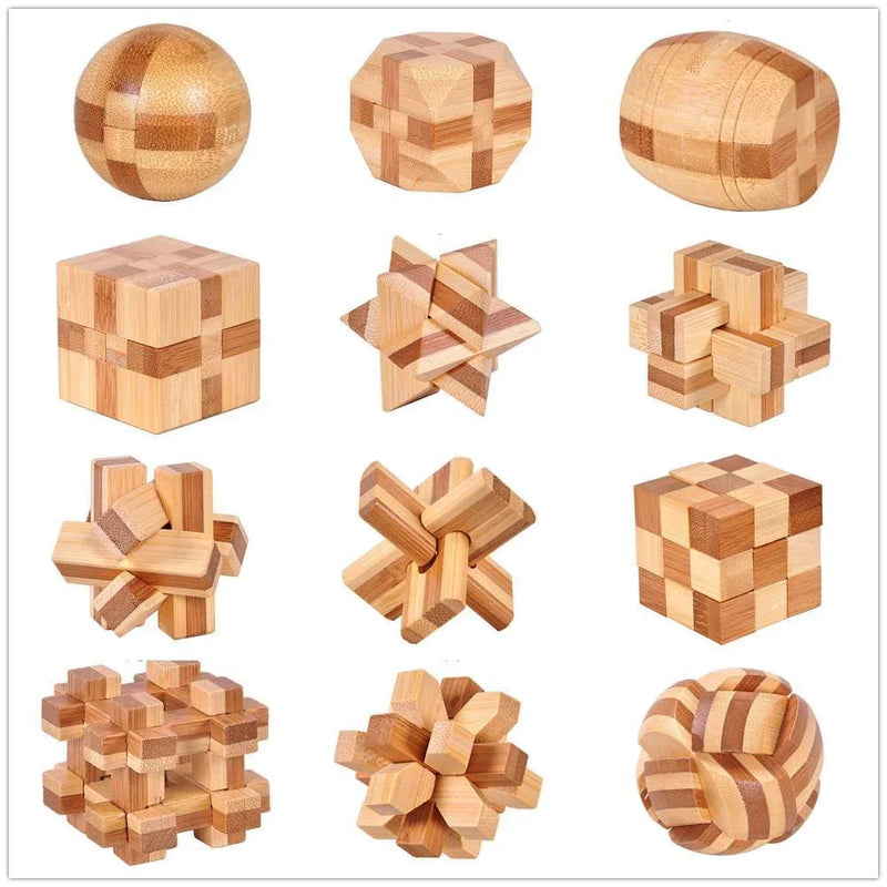 12 Style Brain Teaser 3D Wooden Interlocking Puzzles Game Toy Bamboo Small Size For Adults Kids - BIG FRENCHIES