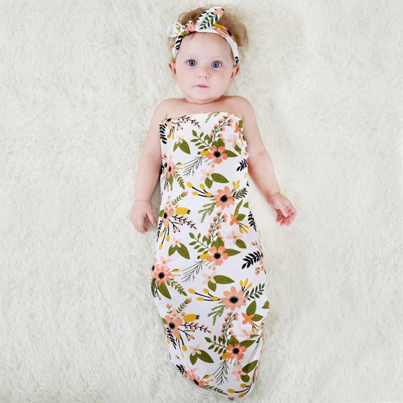 Swaddle Blanket Set Receiving Wrap Props Newborn Infant Boy Girl Headwear Flower Print Romper With Bow - BIG FRENCHIES