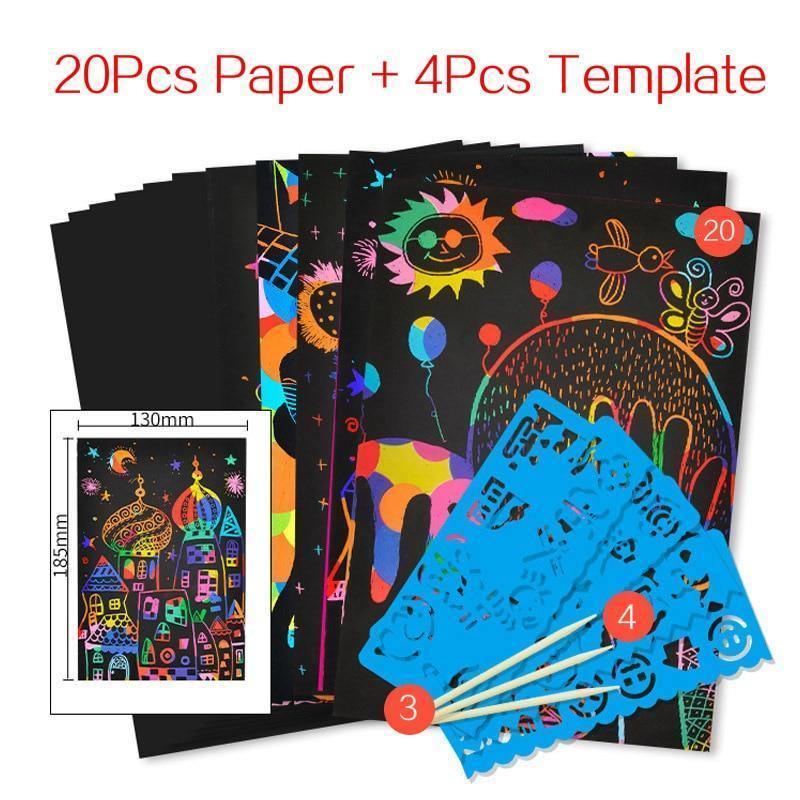 Magic Rainbow Color Scratch Art Paper Card Set With Graffiti Stencil Drawing Board Stick Art Painting Educational Toys - BIG FRENCHIES