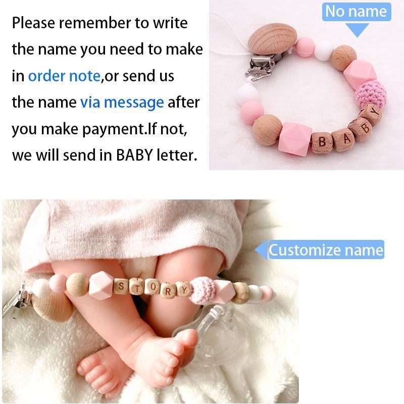 Handmade Personalized Name Silicone Wood Pacifier Clips Safe Teething Chain Baby Teether Clips Holder For Pacifier For Kids - BIG FRENCHIES