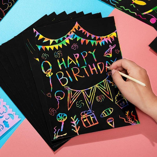 Magic Rainbow Color Scratch Art Paper Card Set With Graffiti Stencil Drawing Board Stick Art Painting Educational Toys - BIG FRENCHIES