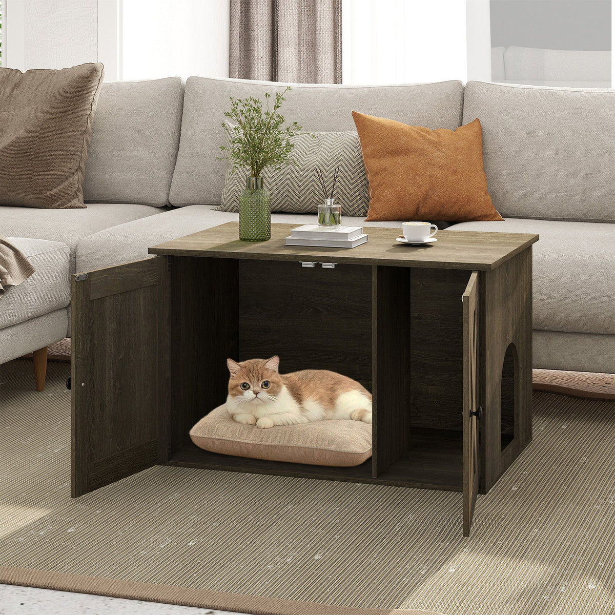 Hidden Cat Litter Box Enclosure Furniture with Divider-Oak