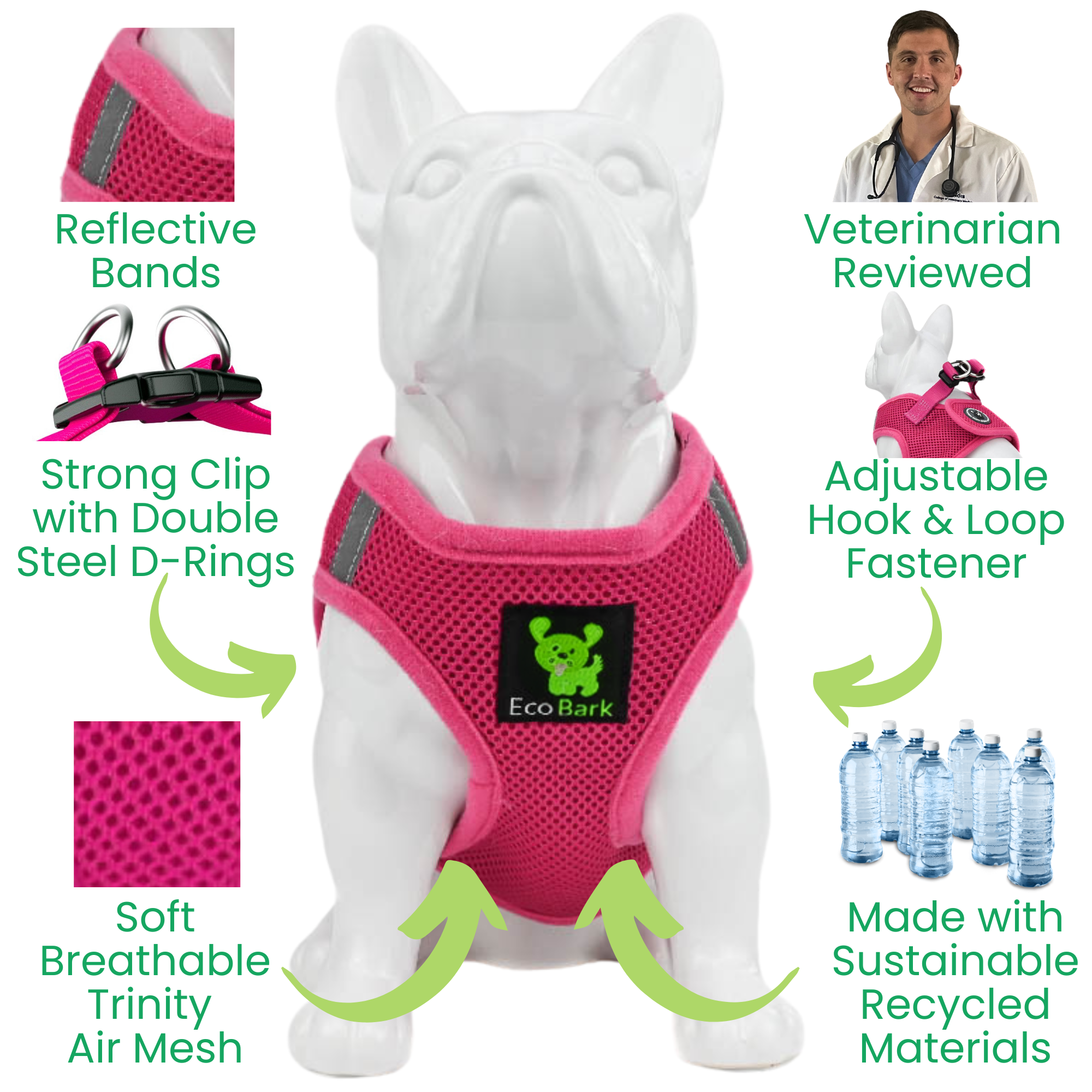 EcoBark Teacup Dog Harness - Step In Soft Mesh Reflective Dog Vest Halter for XXXS to Small Dogs and Puppies - BIG FRENCHIES