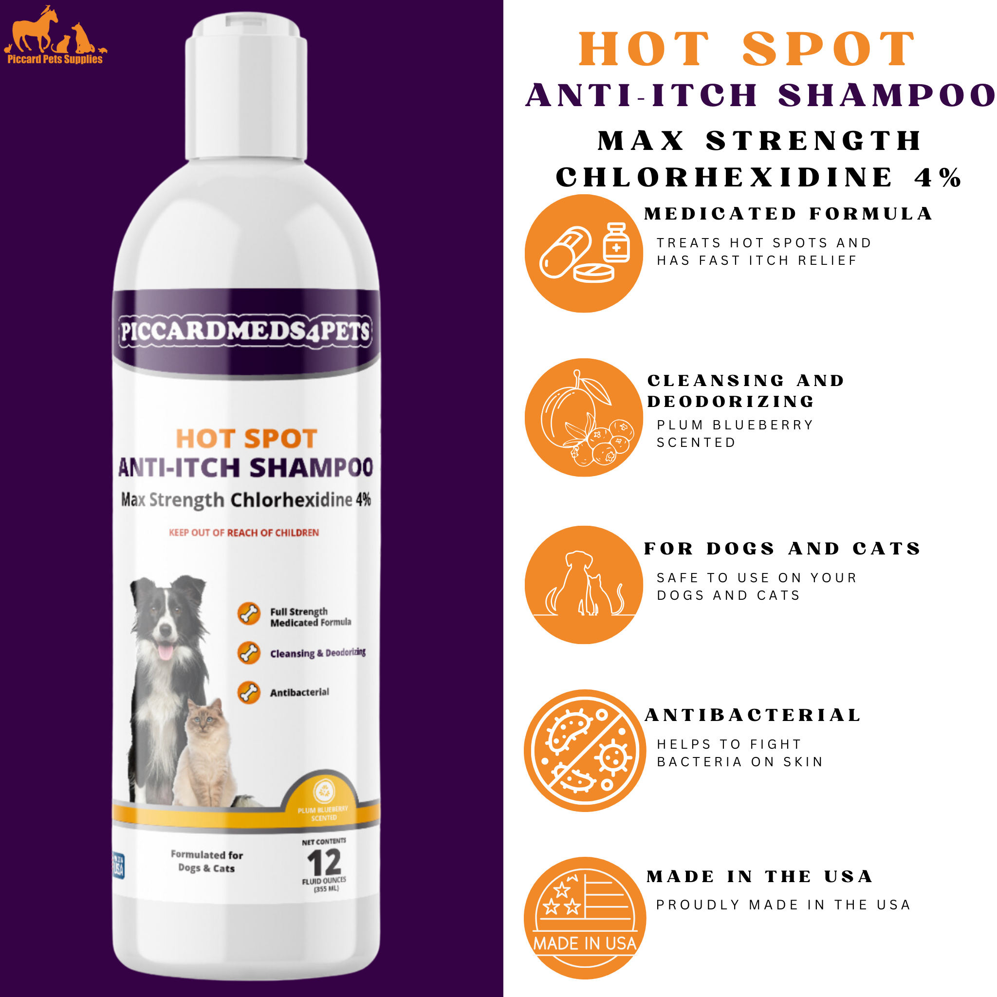 Piccardmeds4pets Hot Spot Anti-Itch Max Strength Pet Shampoo 12 oz. + FREE Bandana!