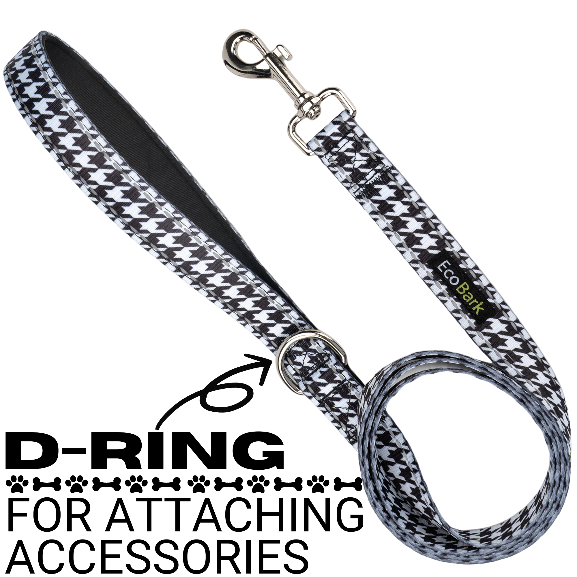 EcoBark Houndstooth Dog Leash- Padded Comfort Grip Leash - 4ft, 5ft, and 6ft Leash for Small and Medium Dogs - BIG FRENCHIES