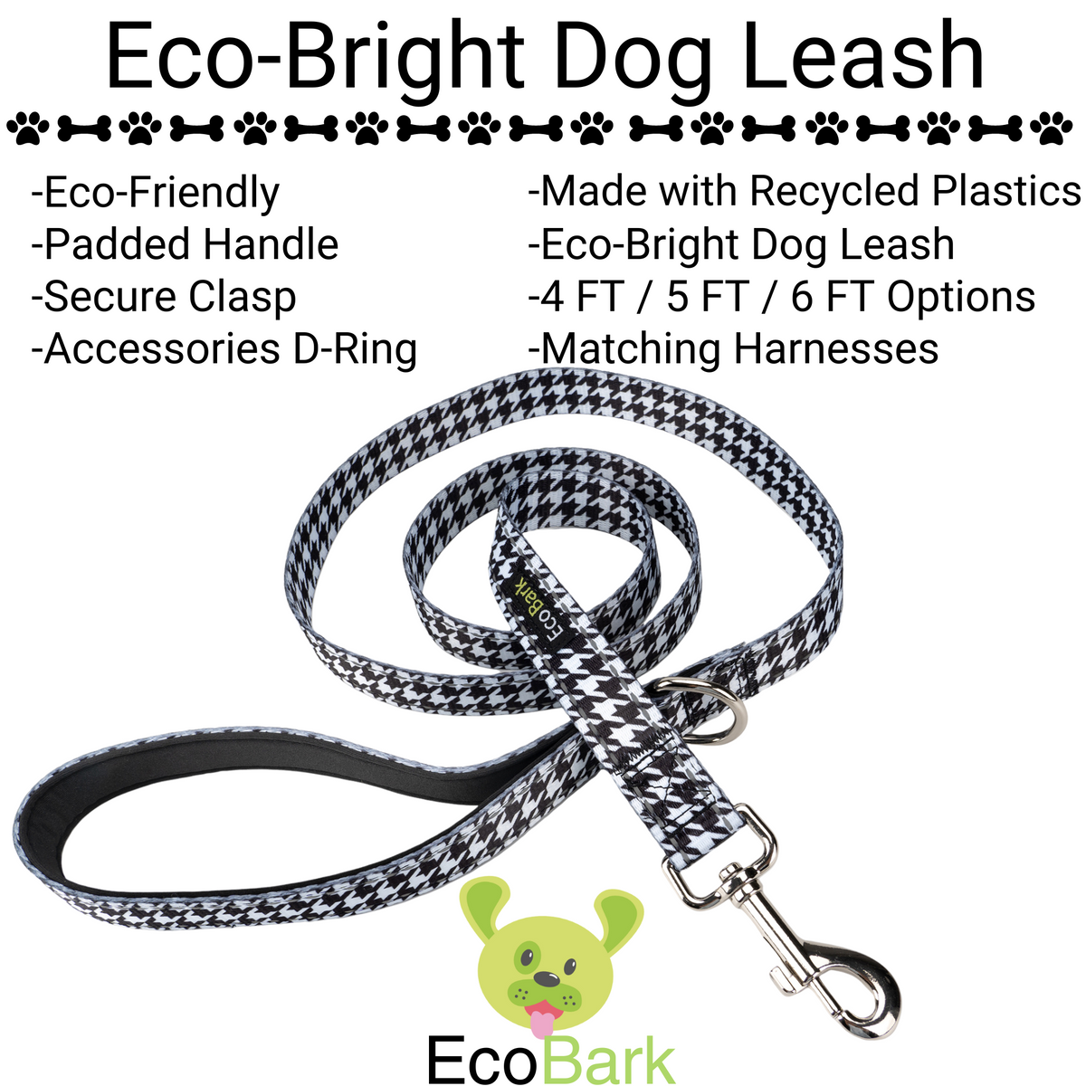 EcoBark Houndstooth Dog Leash- Padded Comfort Grip Leash - 4ft, 5ft, and 6ft Leash for Small and Medium Dogs - BIG FRENCHIES