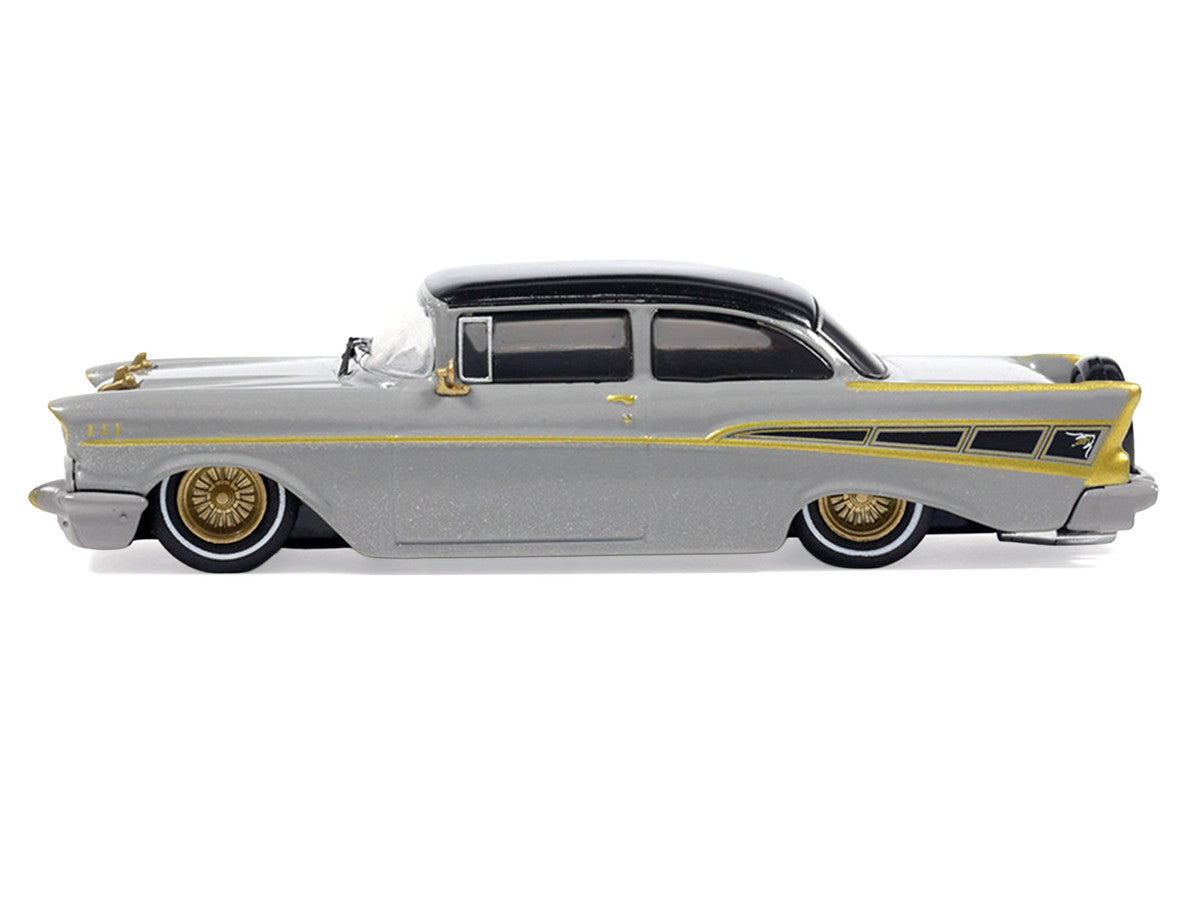 1957 Chevrolet Bel Air Lowrider Gray with Black Top and Gold Accents 1/64 Diecast Model Car by IXO Models