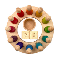 **Pre-order (Ships in 2-3 Weeks)**Wooden Perpetual Calendar with 12 Stained Rainbow Peg Figures - BIG FRENCHIES