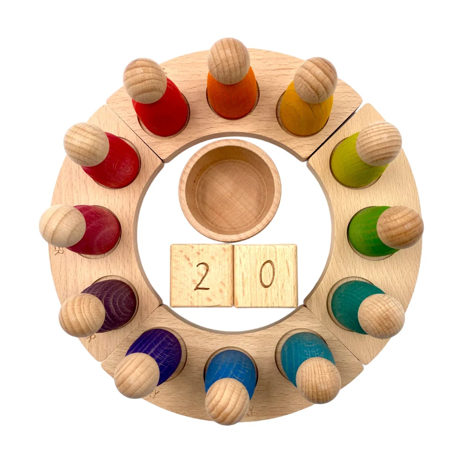 **Pre-order (Ships in 2-3 Weeks)**Wooden Perpetual Calendar with 12 Stained Rainbow Peg Figures - BIG FRENCHIES