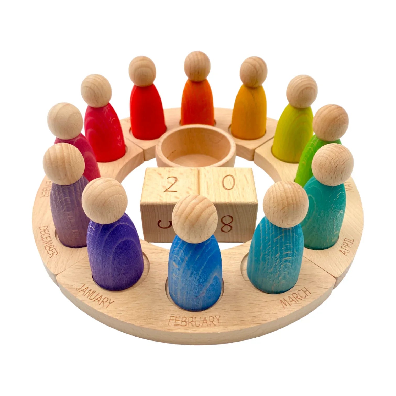 **Pre-order (Ships in 2-3 Weeks)**Wooden Perpetual Calendar with 12 Stained Rainbow Peg Figures - BIG FRENCHIES