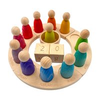 **Pre-order (Ships in 2-3 Weeks)**Wooden Perpetual Calendar with 12 Stained Rainbow Peg Figures - BIG FRENCHIES