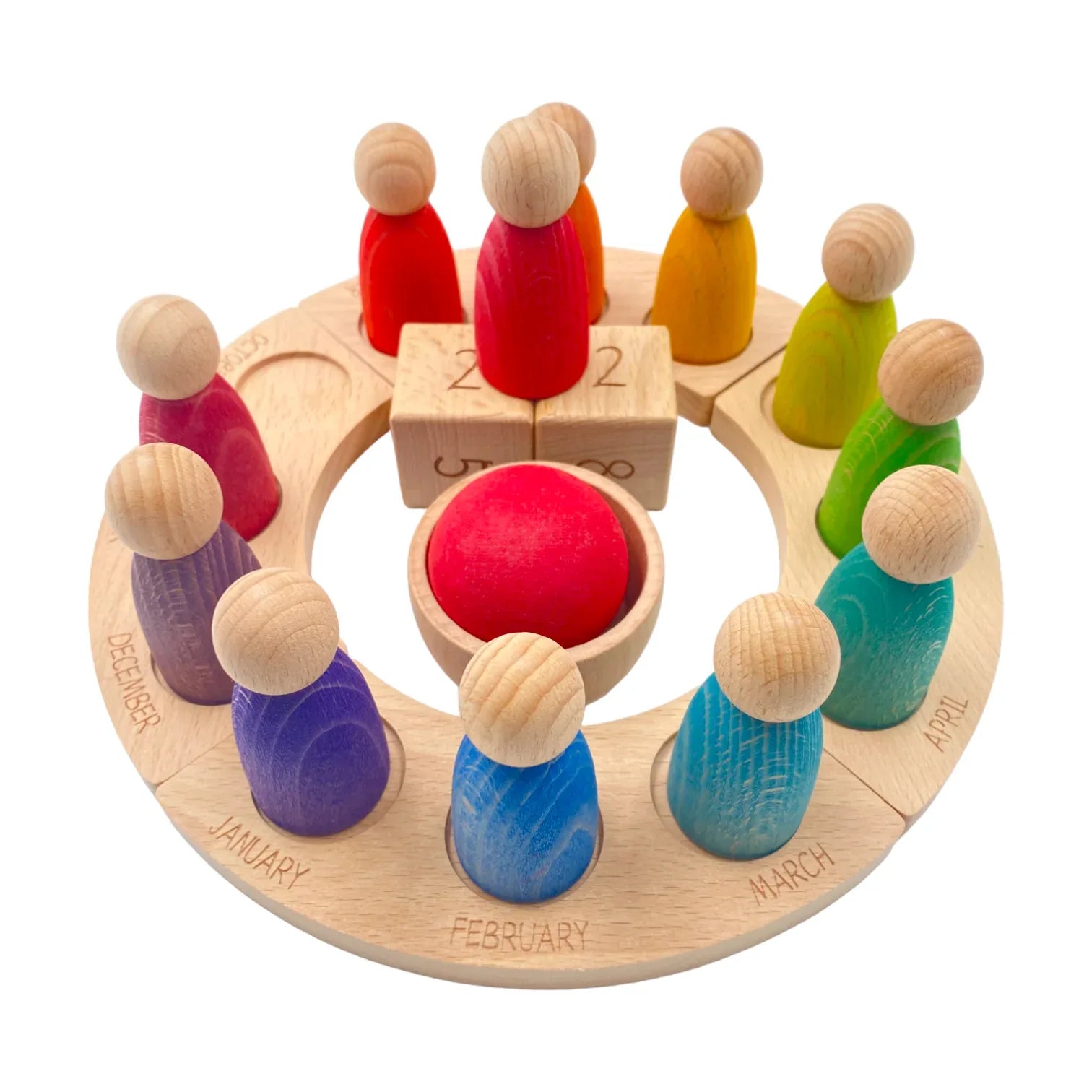 **Pre-order (Ships in 2-3 Weeks)**Wooden Perpetual Calendar with 12 Stained Rainbow Peg Figures - BIG FRENCHIES