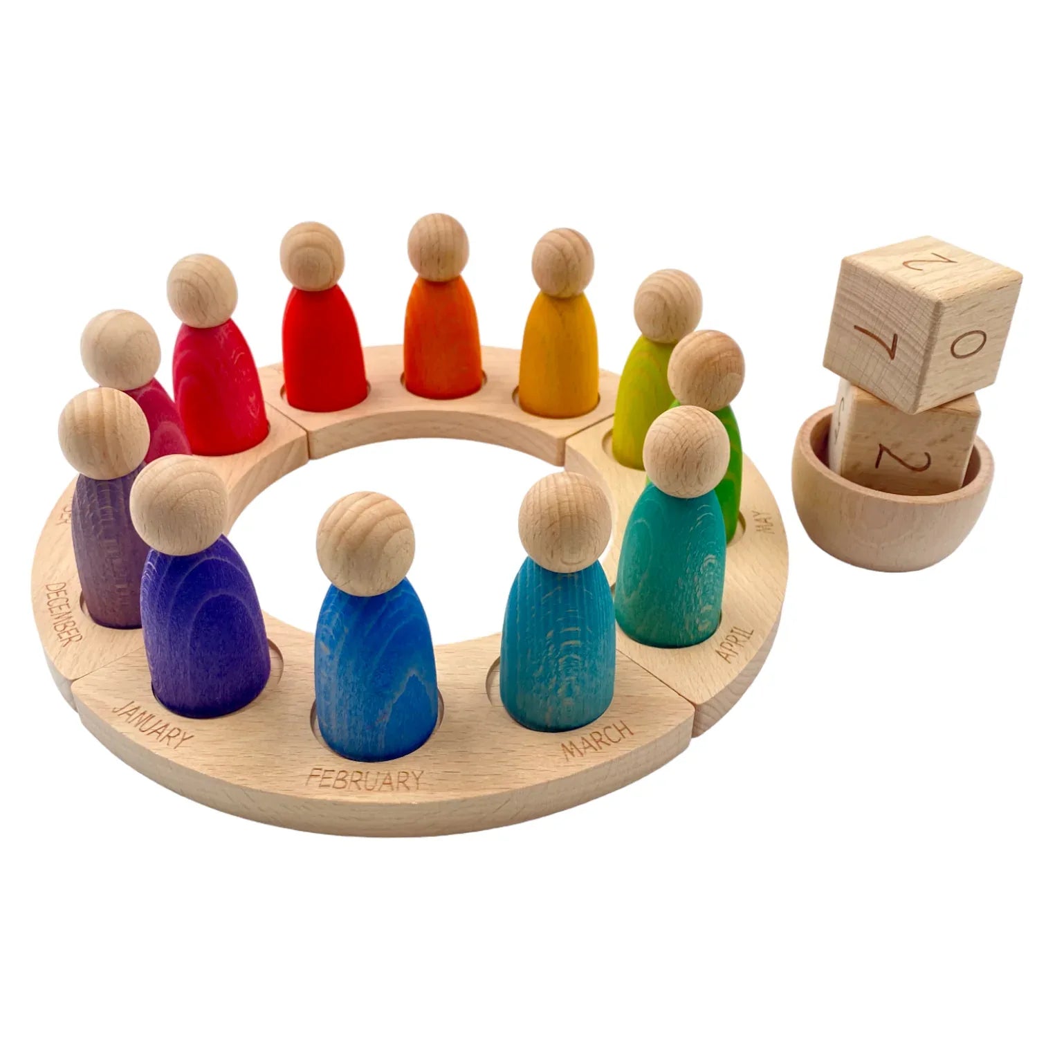 **Pre-order (Ships in 2-3 Weeks)**Wooden Perpetual Calendar with 12 Stained Rainbow Peg Figures - BIG FRENCHIES