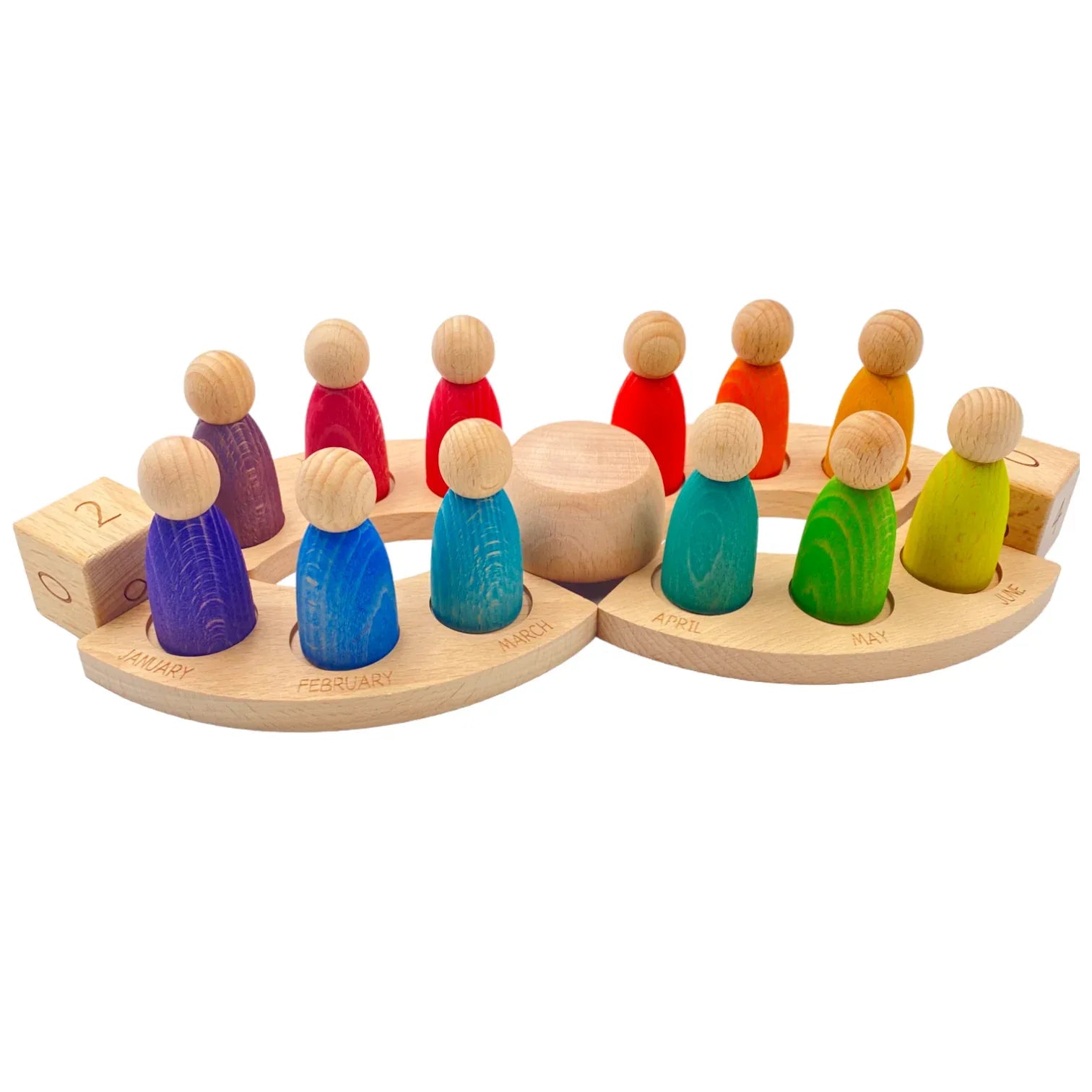 **Pre-order (Ships in 2-3 Weeks)**Wooden Perpetual Calendar with 12 Stained Rainbow Peg Figures - BIG FRENCHIES
