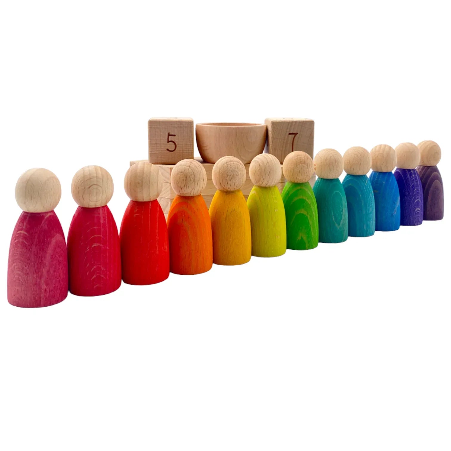**Pre-order (Ships in 2-3 Weeks)**Wooden Perpetual Calendar with 12 Stained Rainbow Peg Figures - BIG FRENCHIES