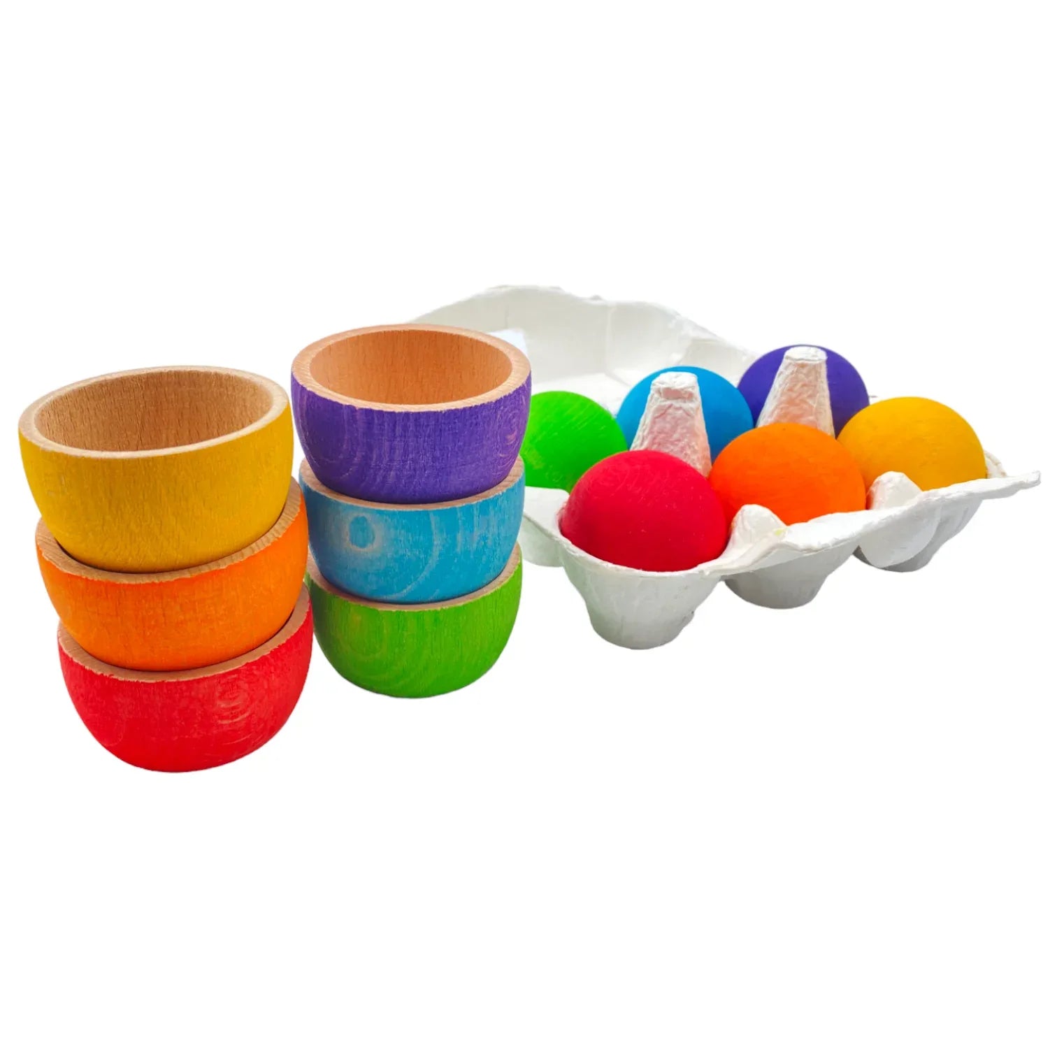 6-Piece Rainbow Wooden Bowls & Balls Set – Matching, Sorting & Open-Ended Play - BIG FRENCHIES