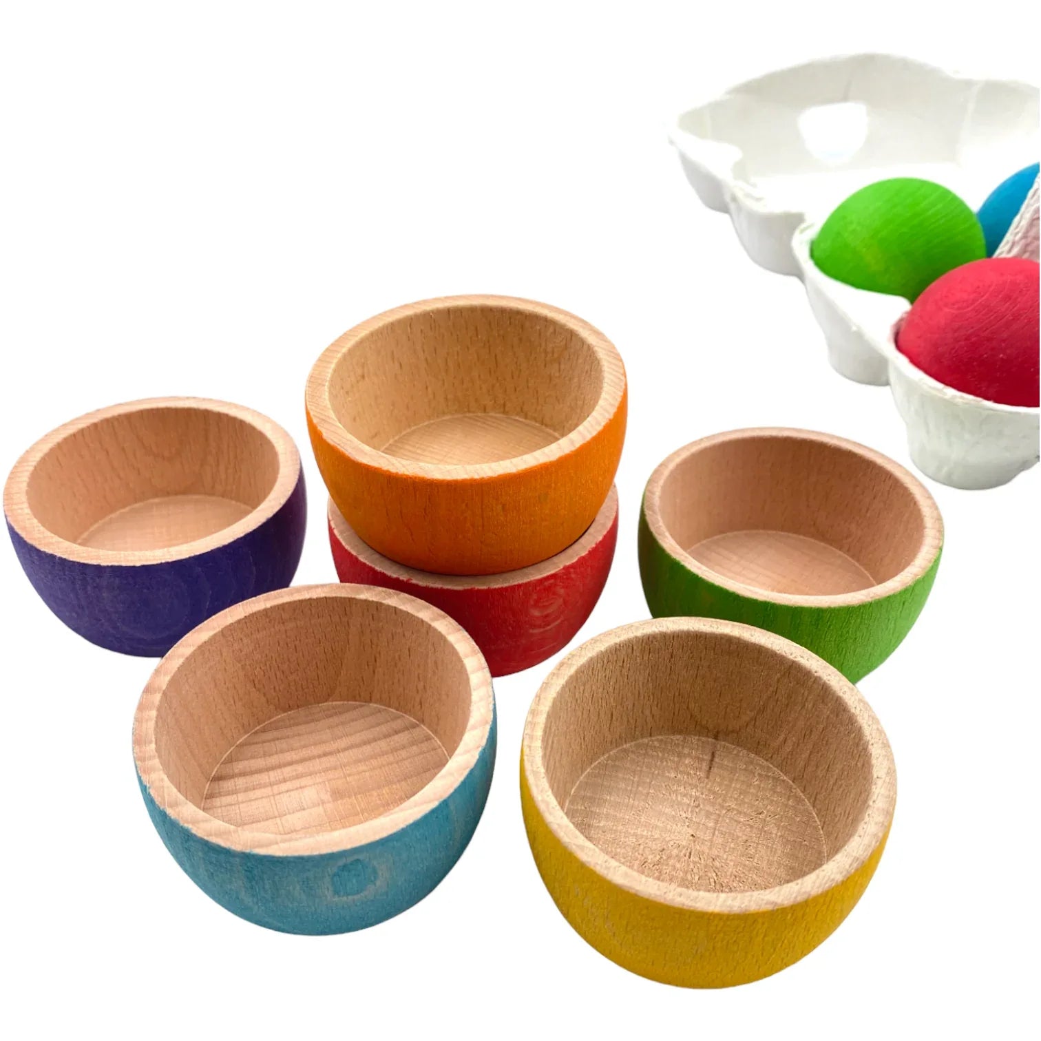 6-Piece Rainbow Wooden Bowls & Balls Set – Matching, Sorting & Open-Ended Play - BIG FRENCHIES