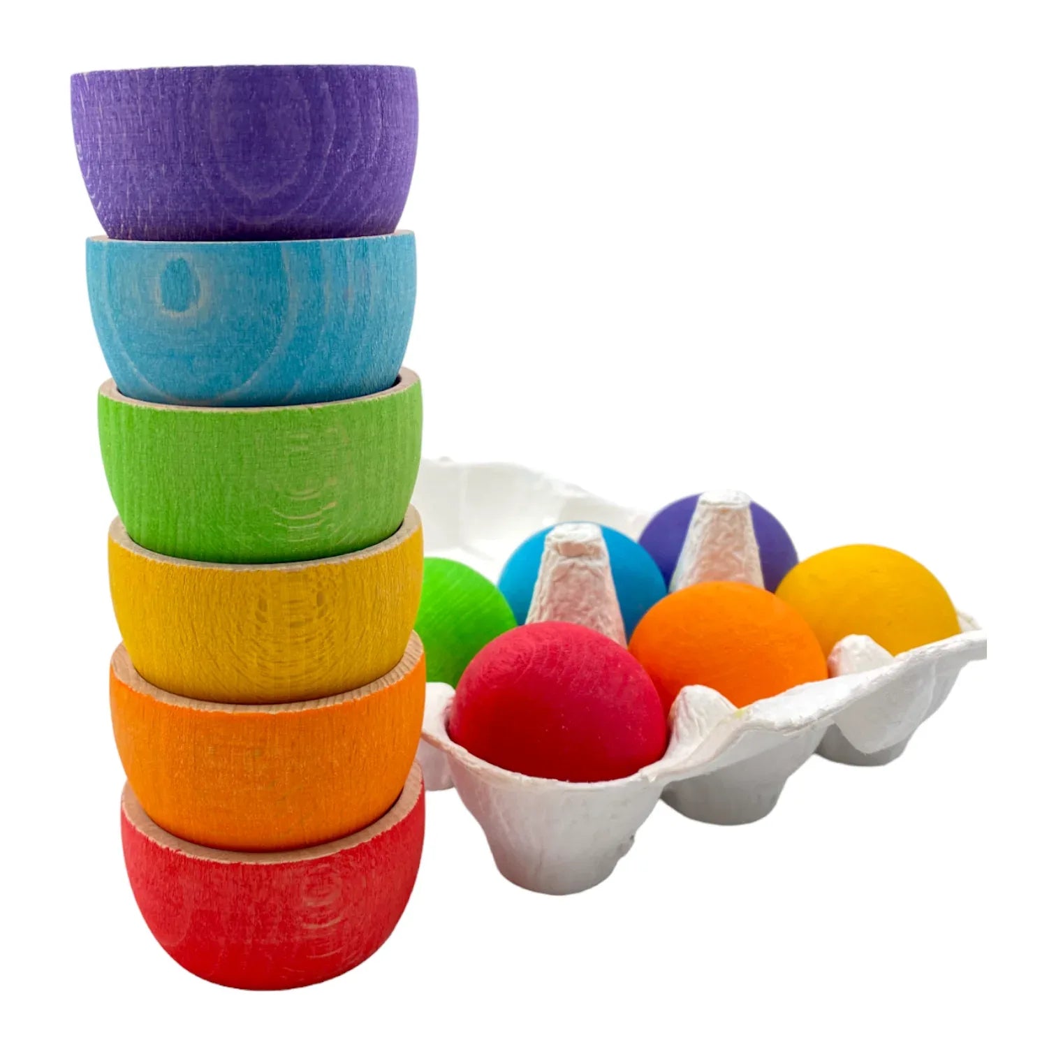 6-Piece Rainbow Wooden Bowls & Balls Set – Matching, Sorting & Open-Ended Play - BIG FRENCHIES