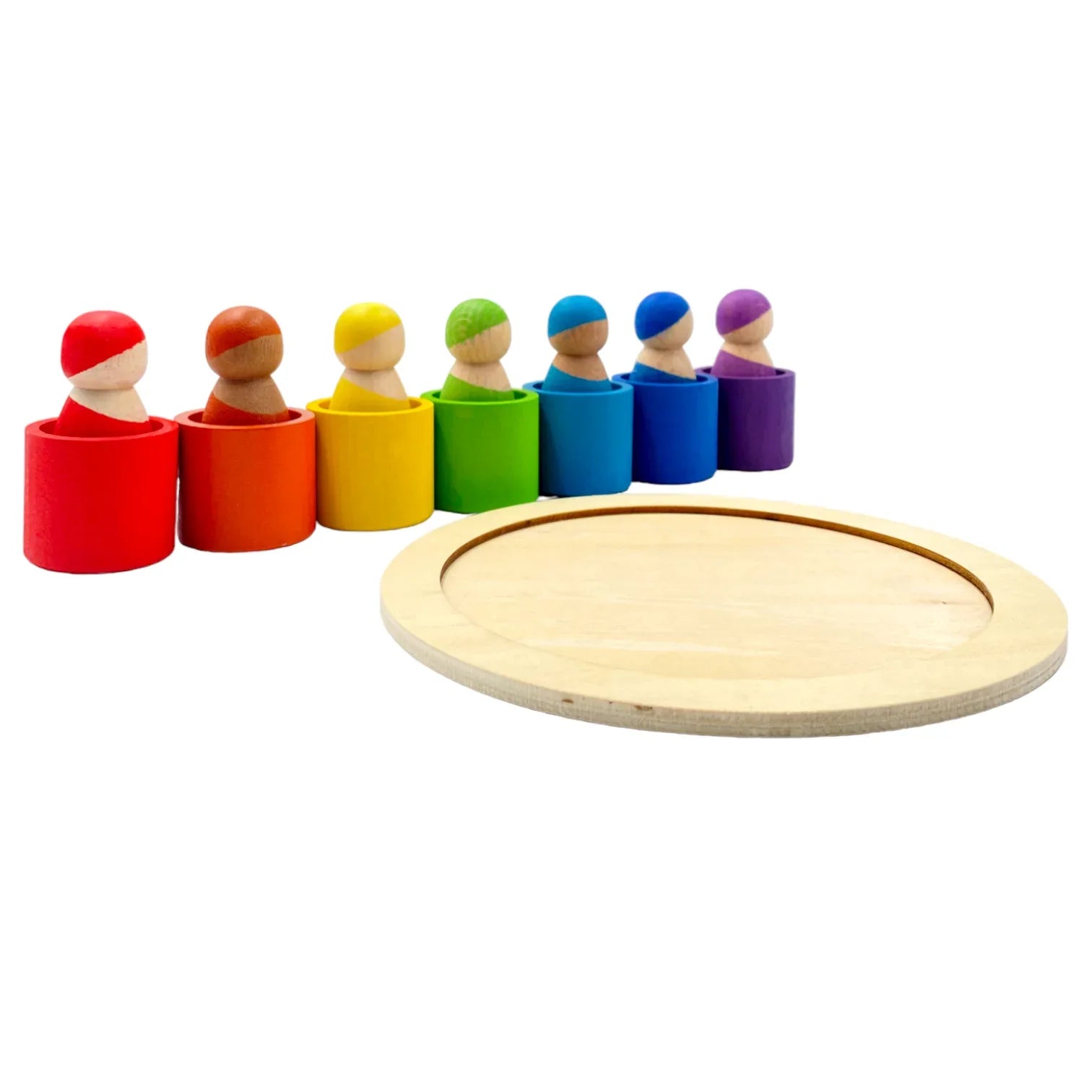 7-Piece “Skin Stones” Stained Rainbow Wooden Peg Dolls in Matching Bowls - BIG FRENCHIES