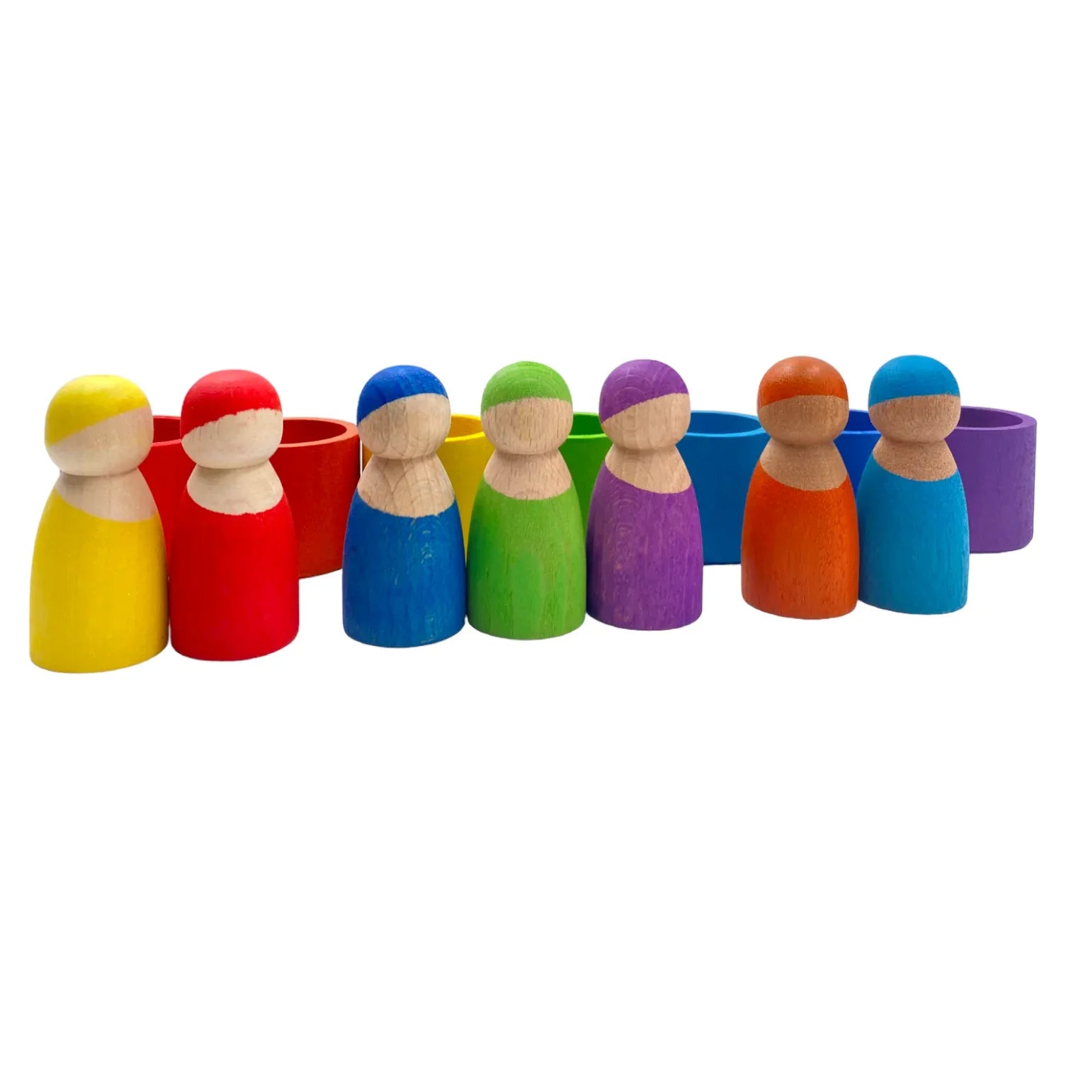 7-Piece “Skin Stones” Stained Rainbow Wooden Peg Dolls in Matching Bowls - BIG FRENCHIES