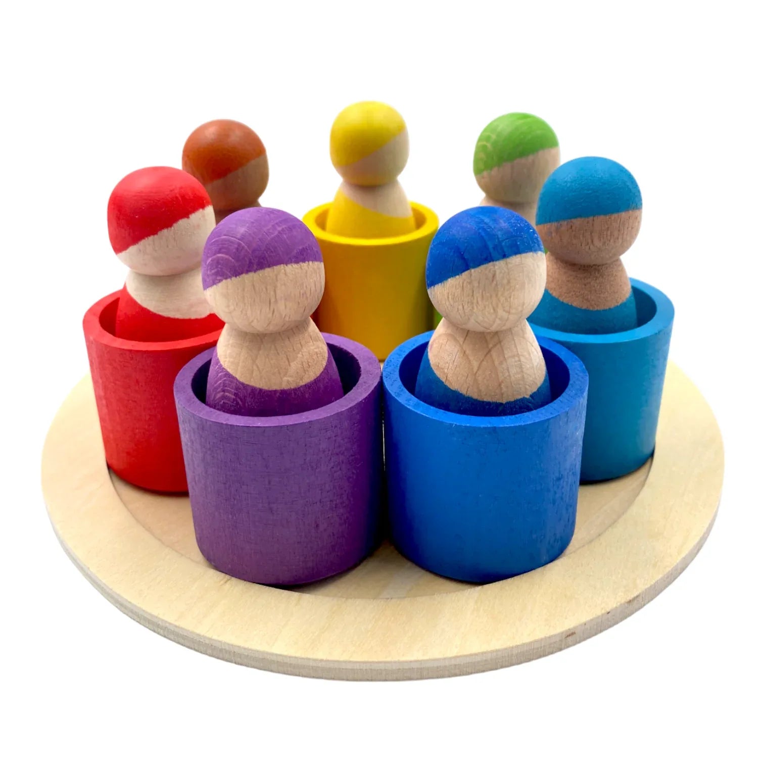 7-Piece “Skin Stones” Stained Rainbow Wooden Peg Dolls in Matching Bowls - BIG FRENCHIES