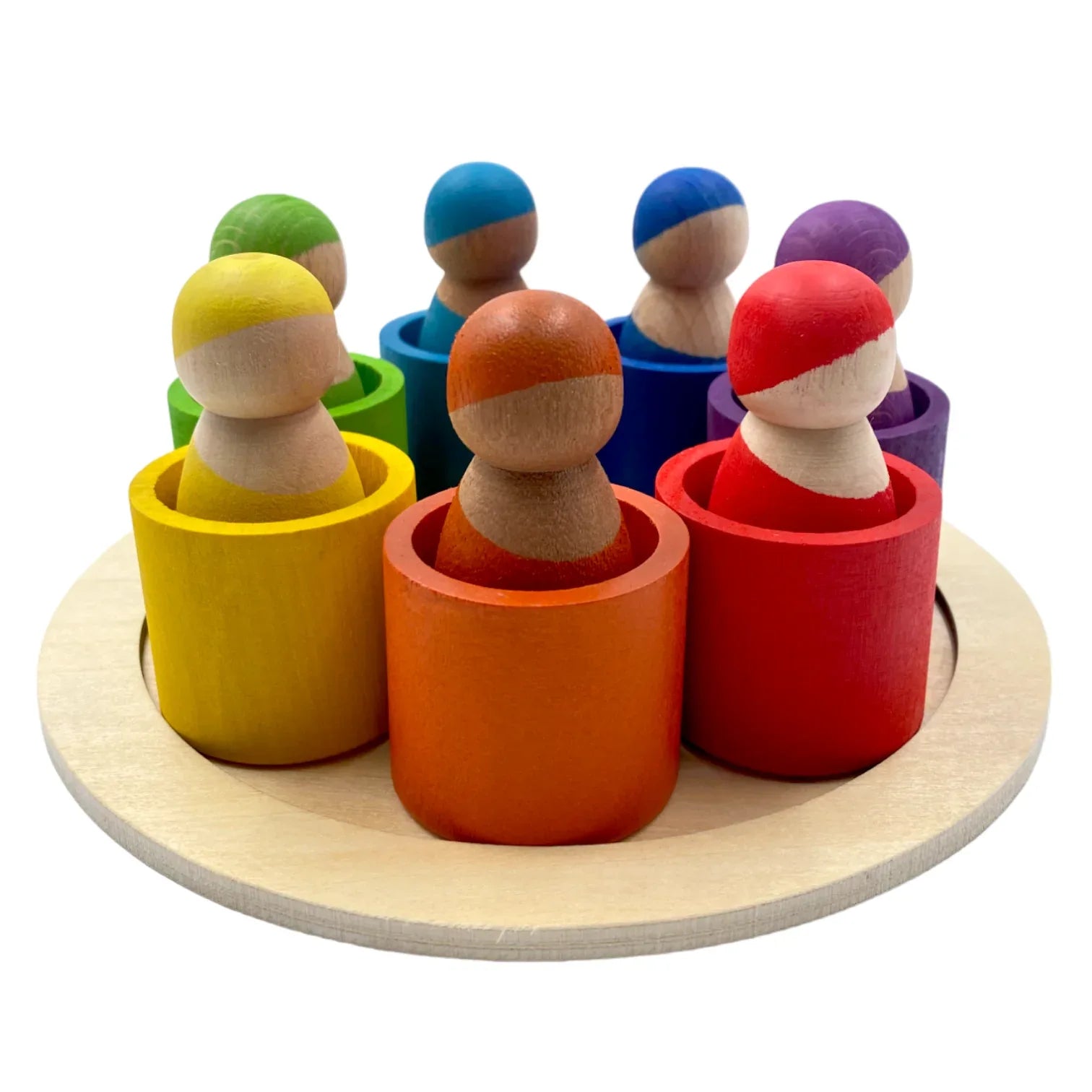 7-Piece “Skin Stones” Stained Rainbow Wooden Peg Dolls in Matching Bowls - BIG FRENCHIES