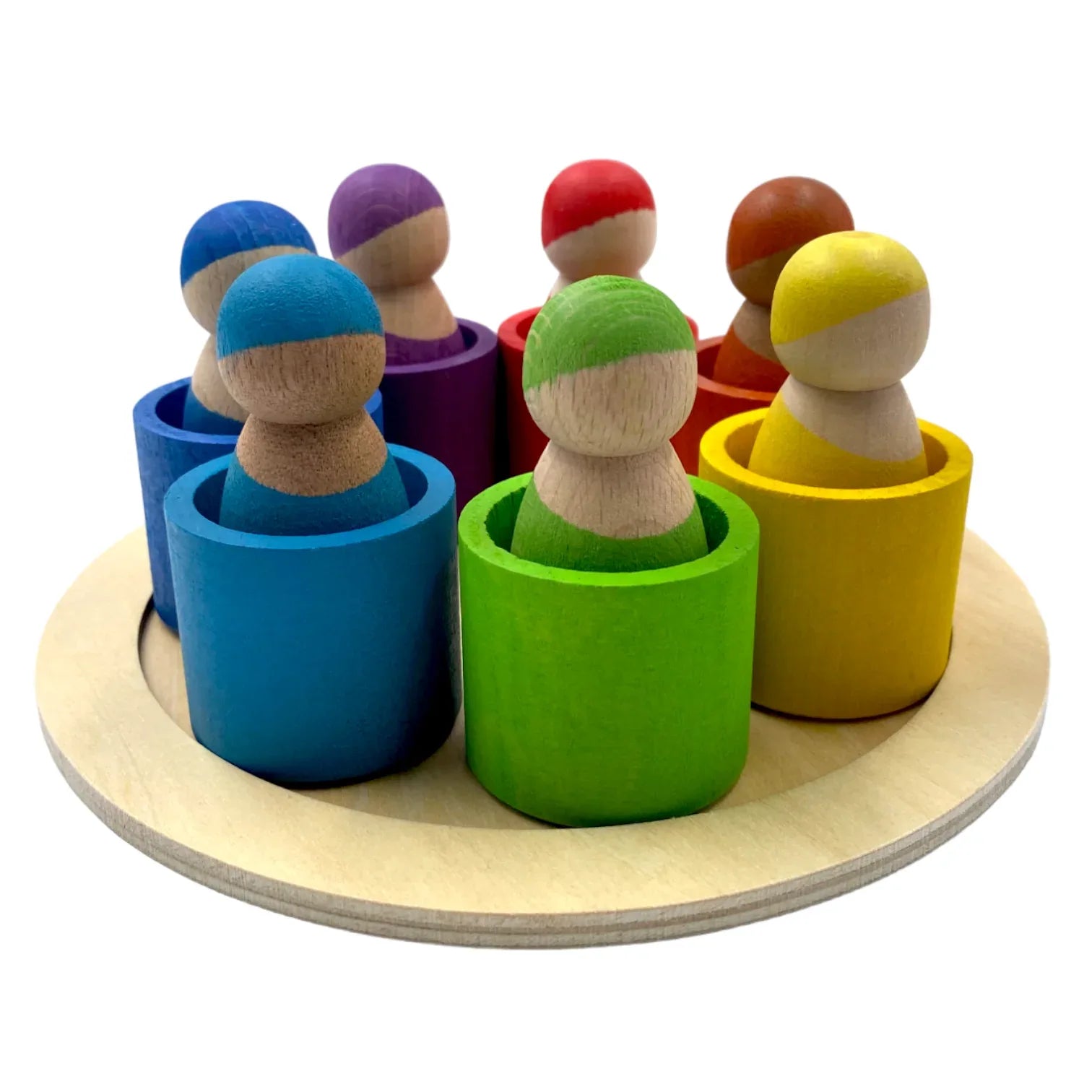 7-Piece “Skin Stones” Stained Rainbow Wooden Peg Dolls in Matching Bowls - BIG FRENCHIES