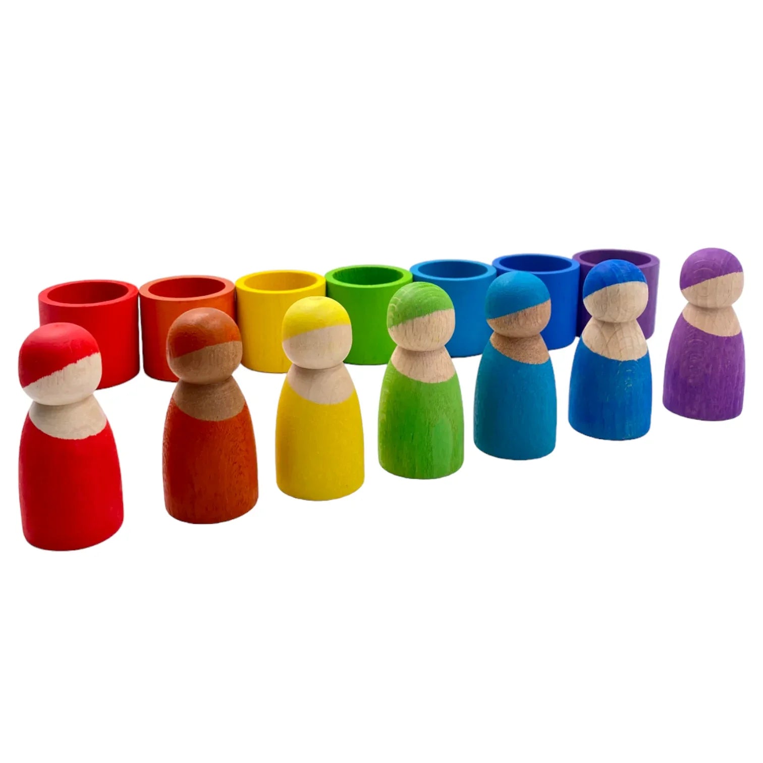 7-Piece “Skin Stones” Stained Rainbow Wooden Peg Dolls in Matching Bowls - BIG FRENCHIES