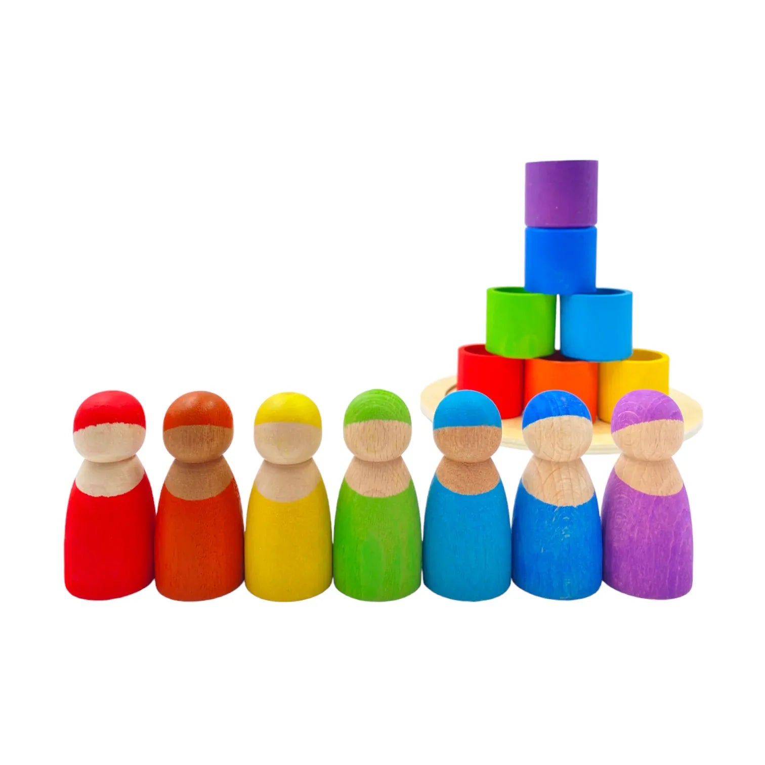 7-Piece “Skin Stones” Stained Rainbow Wooden Peg Dolls in Matching Bowls - BIG FRENCHIES
