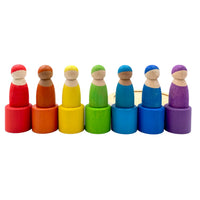 7-Piece “Skin Stones” Stained Rainbow Wooden Peg Dolls in Matching Bowls - BIG FRENCHIES